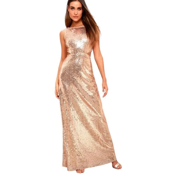 Lulu's Belle Etoile Rose  Gold Sequin Maxi Dress Size Medium Allover Sequin NWT - Picture 4 of 12